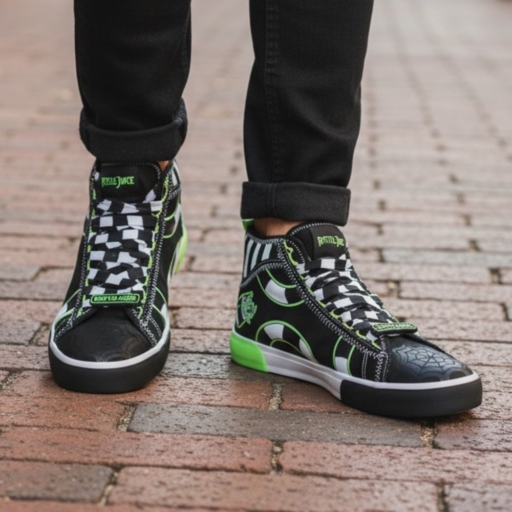 🐍Beetlejuice High-Top Sneakers Black Green Men’s Lace-Up Shoes Size 11